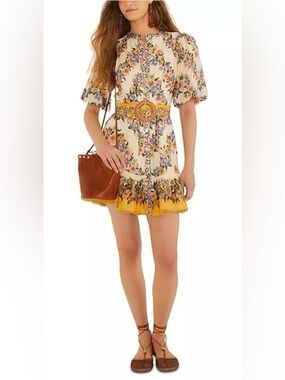FARM RIO NWT Sand Hilo Belted Short-Sleeve Floral Mini Dress Size XS